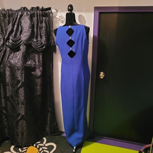 Simple maxi formal dress in blue with rhinestones a peep hole back - Picture 2 of 4